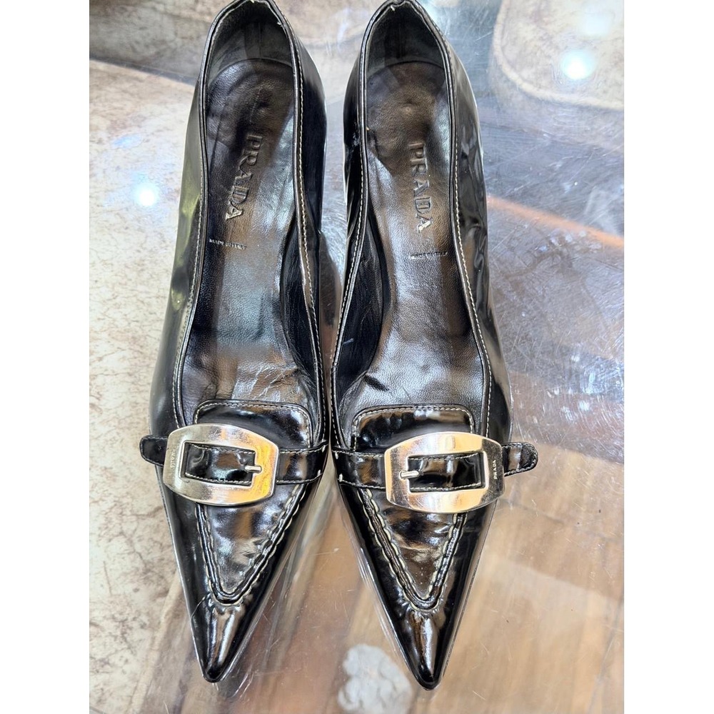 Prada Black Patent Leather Pointed Toe Buckle Kitten Heel Pumps Silver Hardware